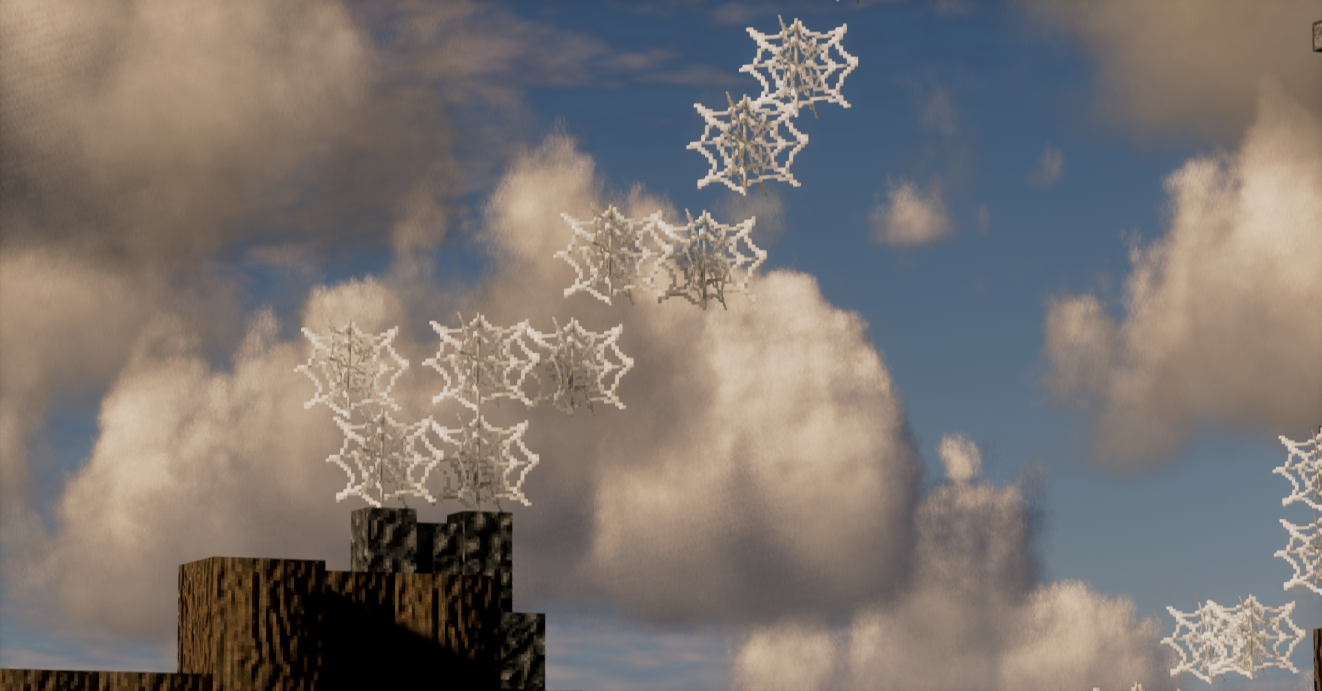 Cobwebs potraying smoke from a chimeny, with volumetric clouds in the backend. Pack is SubtlePBR.
