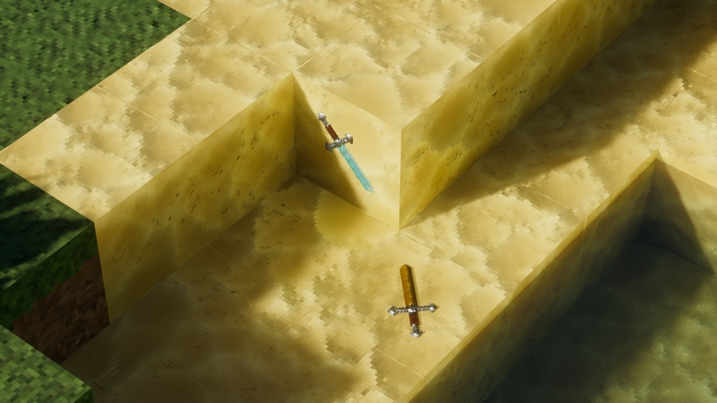 Diamond and Golden swords lying on the sand