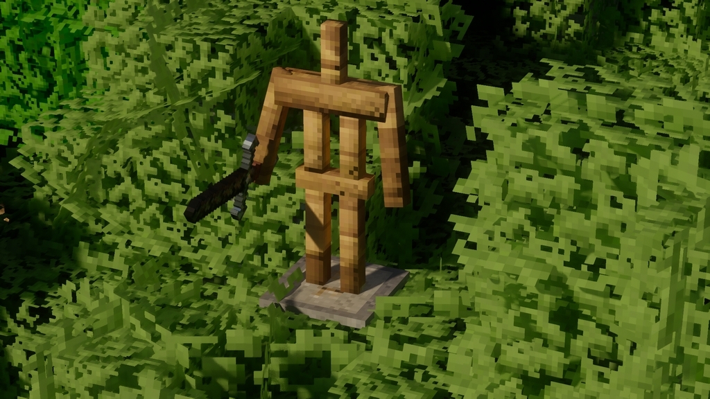 Armour stand holding a netherite sword atop leaves