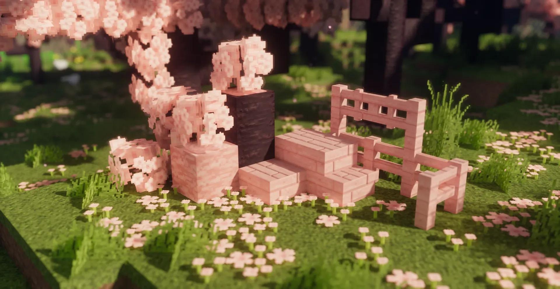 Cherry blossom biome and blocks showcased using SubtlePBR